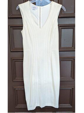 bebe Ivory Fitted Midi Dress Sleeveless V-Neck Full Zip Back Sz. 8